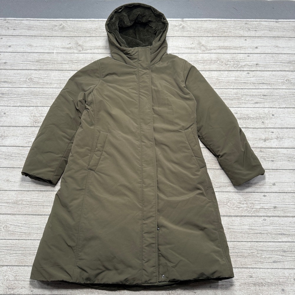 Uniqlo Puffer Jacket Women's 2XL Olive Green Hooded Seamless Quilted Long Coat